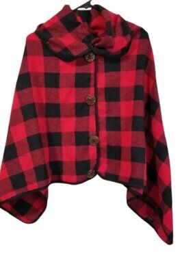 Shawl Black Red Plaid Flannel Poncho Women's OS